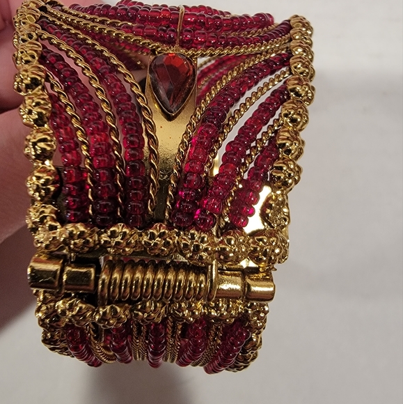 Beaded Hinged Cuff Bracelet, Gold Tone and Red Beads - Picture 6 of 11